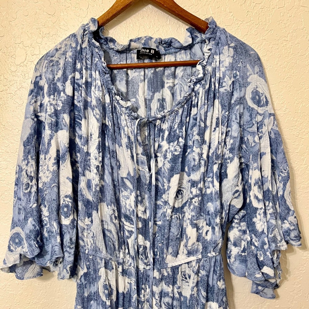 Blue B Collection Women's Romper Blue White Floral Tie Neck Ruffle Sleeve M - Picture 4 of 7